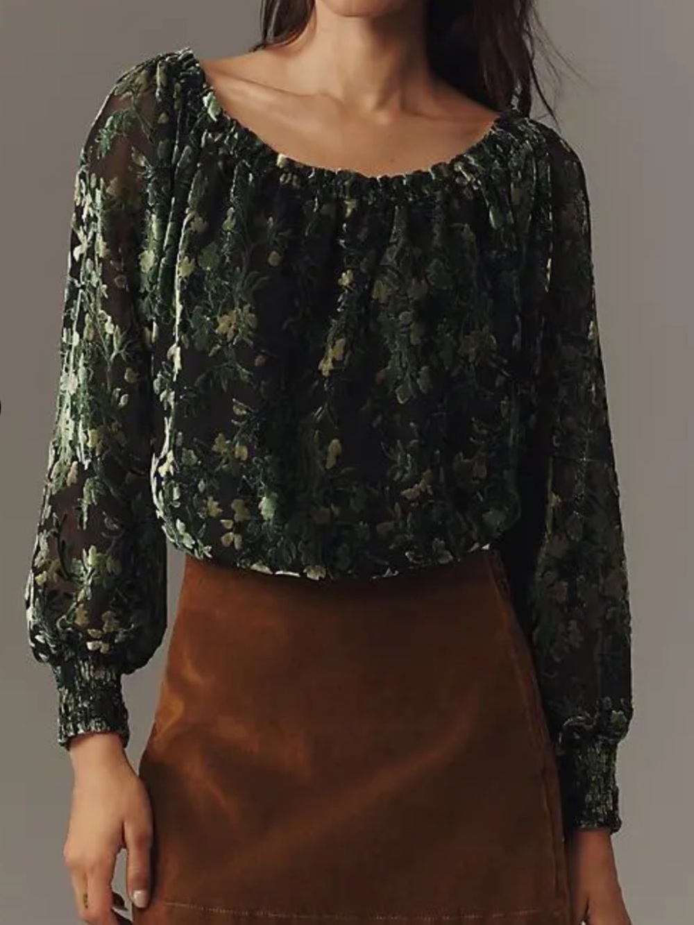 Anthropologie NWT Off-Shoulder Burnout Velvet Blouse Green Black Women’s Size M - Picture 1 of 8